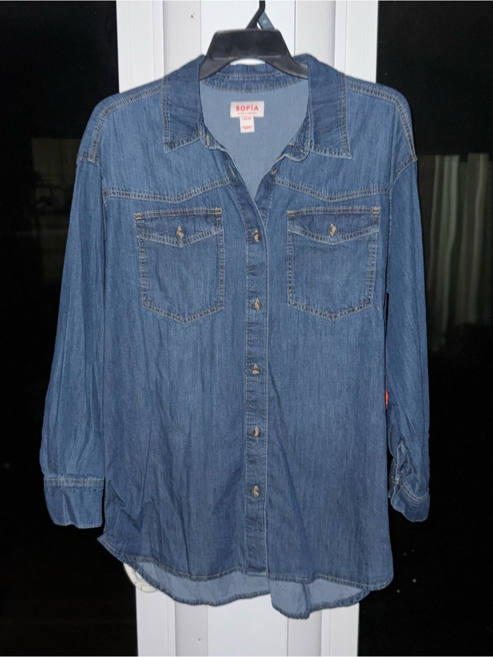 Sofia by Sofia Vergara Women's L Denim Boyfriend Shirt Oversized Long Sleeve Blu - Picture 2 of 14
